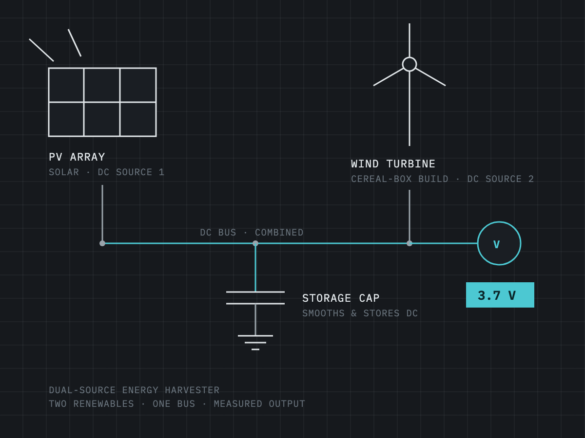 One-line diagram: PV array and wind turbine feeding a shared DC bus with storage capacitor and a 3.7-volt meter reading
